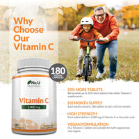 Vitamin C 1000mg - 180 Vegan Tablets - 6 Month Supply - High Strength Ascorbic Acid - Supports Immune System, Energy & Collagen Formation - Nu U Nutrition