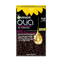Garnier Olia 3.23 Black Chocolate, oil-powered, no-ammonia. 100% grey coverage. Luminous, long-lasting, vibrant black chocolate hair color with incredible shine.