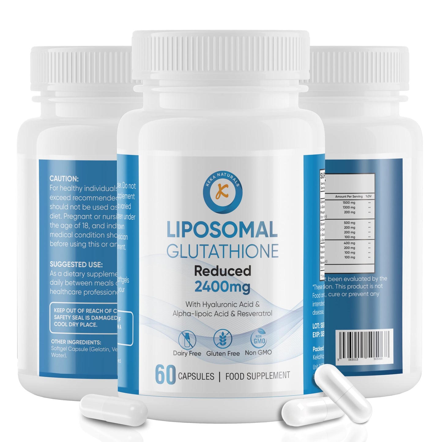 Keka Naturals Liposomal Glutathione 2400mg, with Hyaluronic Acid, Resveratrol, Active Form L-Glutathione Reduced (GSH) Max Absorption, 60 Capsules