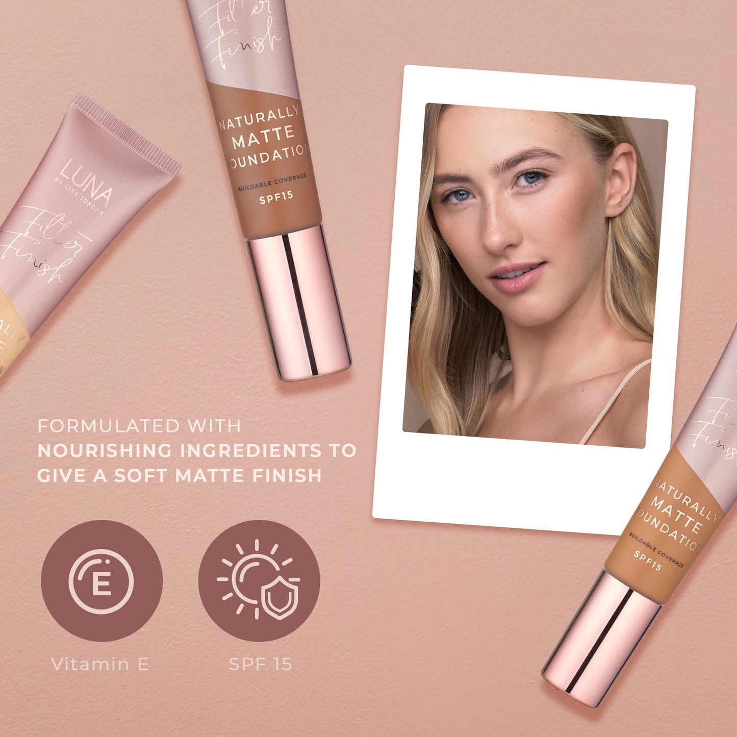 LUNA BY LISA JORDAN LUNA Matte Foundation in TAN Shade - Contains Vitamin E and SPF15 - Oil-Free Face Foundations with Golden Undertone - Suitable for Oily and Sensitive Skin