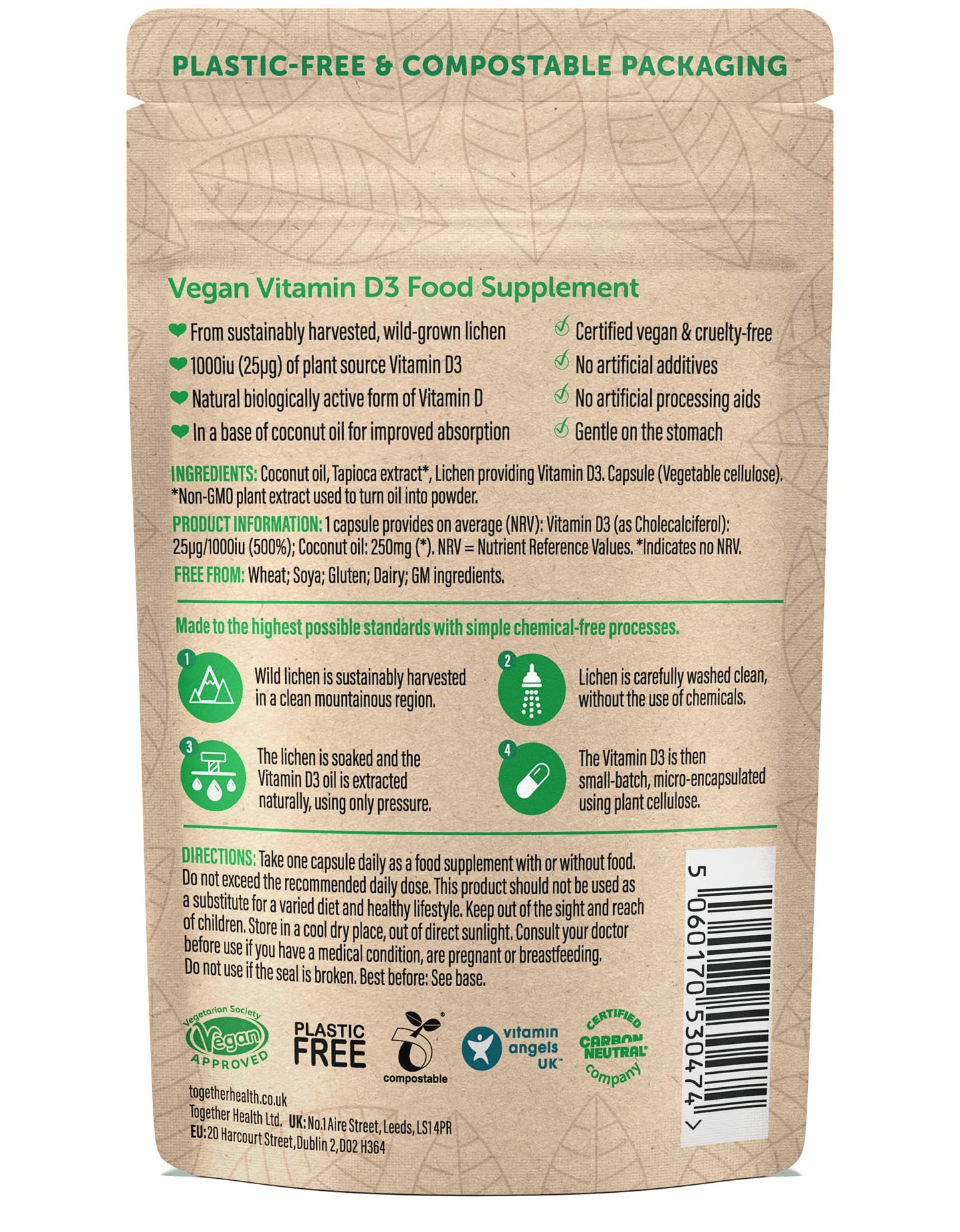 Vitamin D3 – Together Health – 1000iu Vitamin D3 – from Wild-Grown Lichen – Vegan Friendly – Made in The UK – Pack of 3-90 Vegecaps