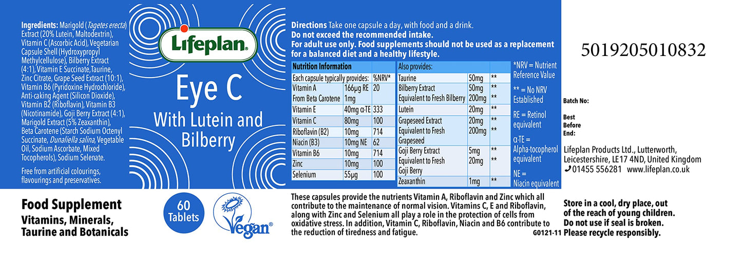 Lifeplan Eye 'C' with Lutein Bilberry & Zinc Capsules x 60. Helps Maintain Healthy Eyes