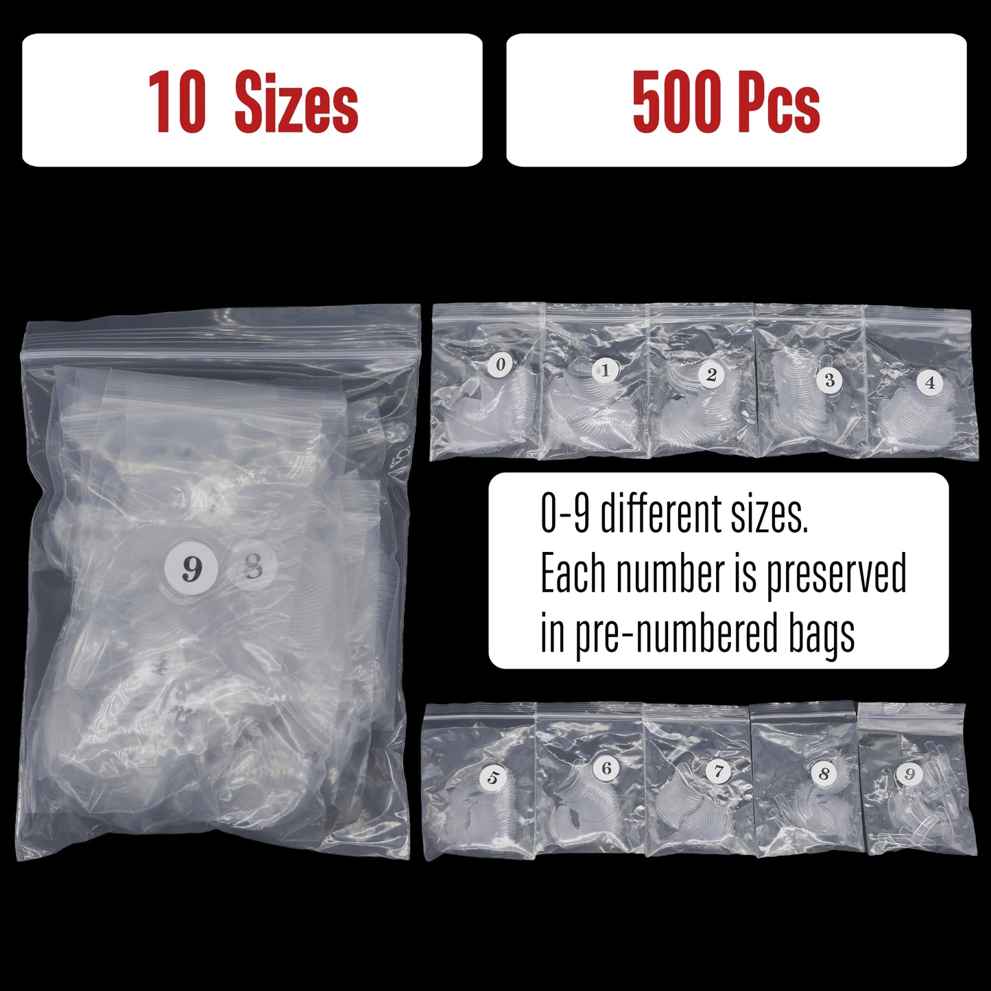 NOVO OVO 500 pcs Extra Long Curved Stiletto Nail Tips, XXL 2XL Sharp False Nails Extension for Acrylic, Clear Hawk Curve Eagle Claw Half Cover Gel x 10 Sizes Bag Packaging for Salon