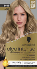 Schwarzkopf Oleo Intense Permanent Oil Colour 8-05 Beige Blonde Hair Dye, Perfect Grey Coverage, Conditioner with HaptIQ System, Long-Lasting Colour, Ammonia Free Hair Dye