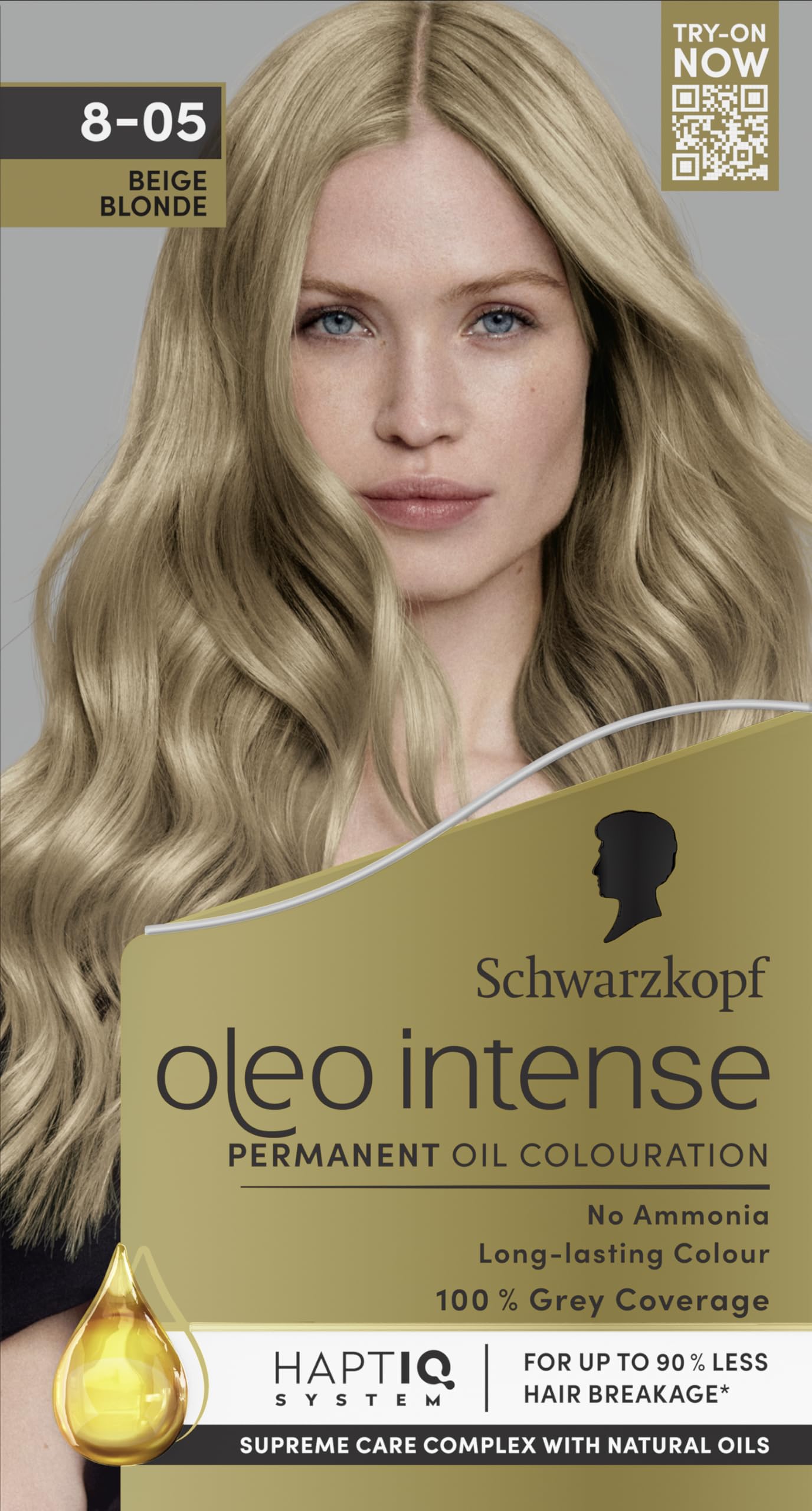 Schwarzkopf Oleo Intense Permanent Oil Colour 8-05 Beige Blonde Hair Dye, Perfect Grey Coverage, Conditioner with HaptIQ System, Long-Lasting Colour, Ammonia Free Hair Dye