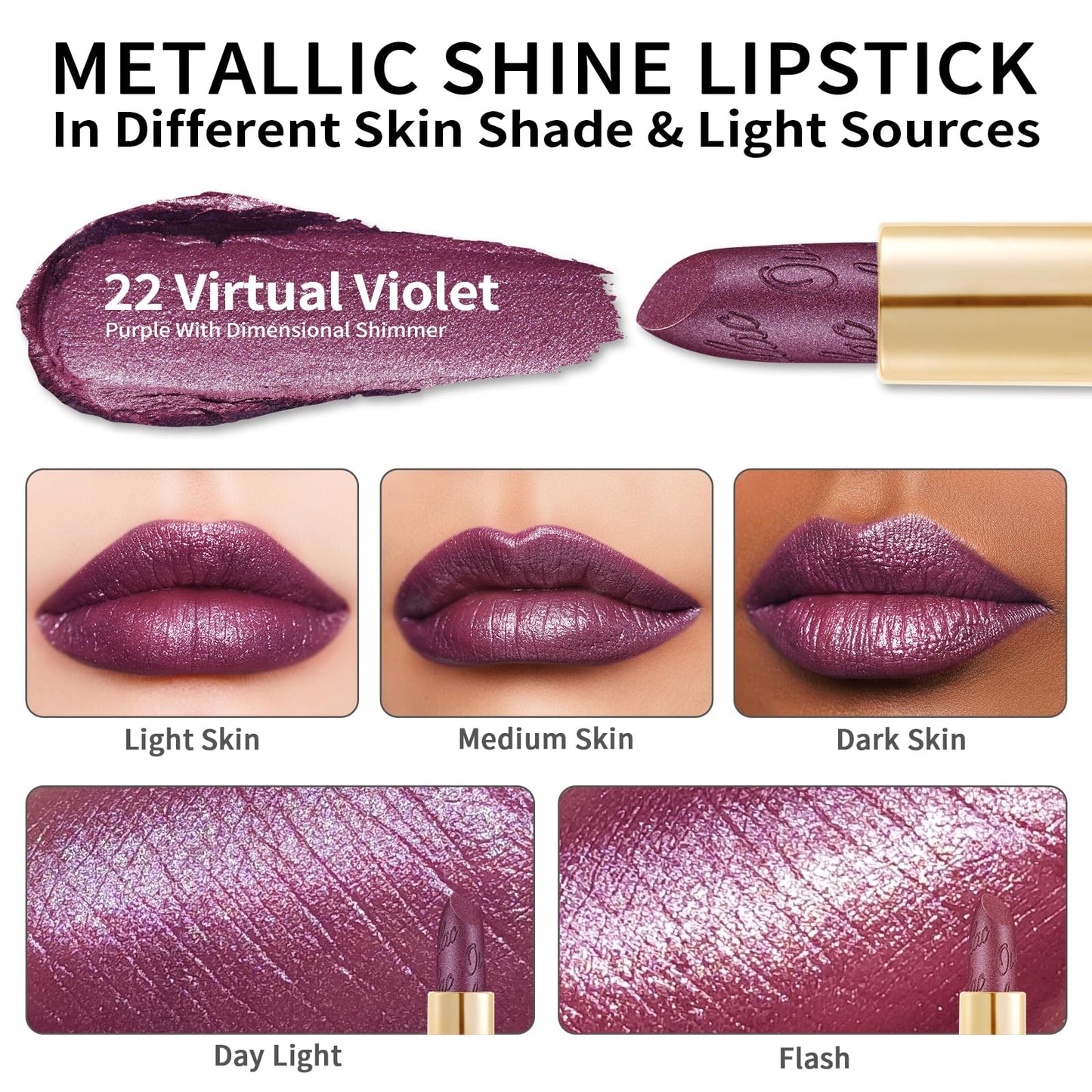 Oulac OULAC Metallic Shine Glitter Lipstick, Purple High Impact Lipcolor, Lightweight Soft and Ultra Hydrating, Long Lasting, Vegan & Cruelty-Free, Full-Coverage 4.3 g/0.15 22 Virtual Violet