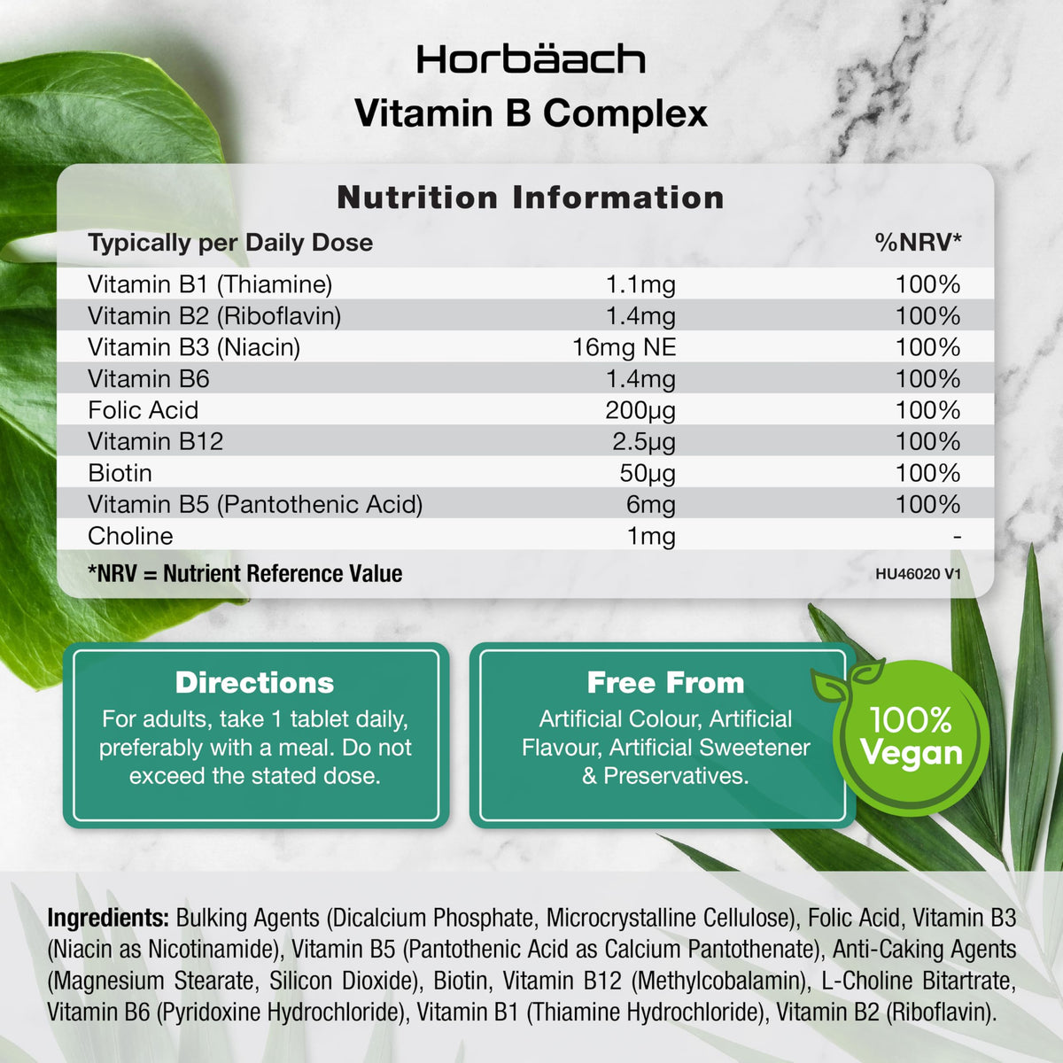 Horbäach Vitamin B Complex High Strength | 365 Tablets (1 Year Supply) | All 9 B Vitamins | Vitamin B1, B2, B3, B5, B6, B12, Choline, Folic Acid & Biotin | Vegan | by Horbaach