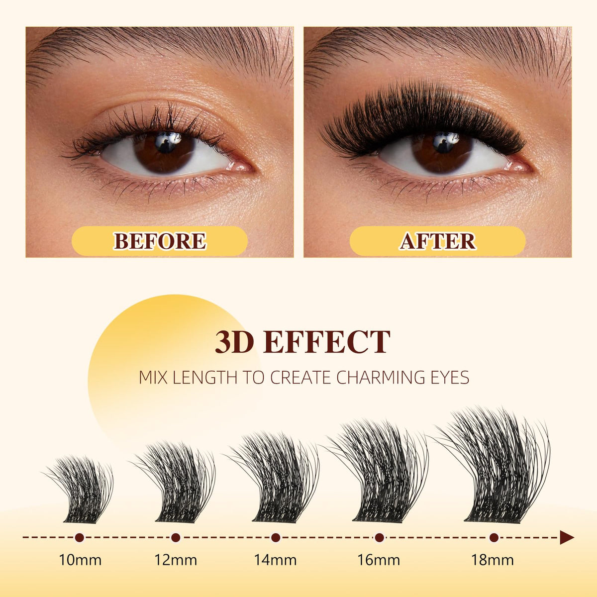QUEWEL Cluster Lashes Kit Fluffy Lash Clusters, 144 pcs Thick Lashes Individual Cluster with 16ml Bond and Seal Lash Glue, Lash Applicator Easy to Use at Home (3D-Honey01 Kit)