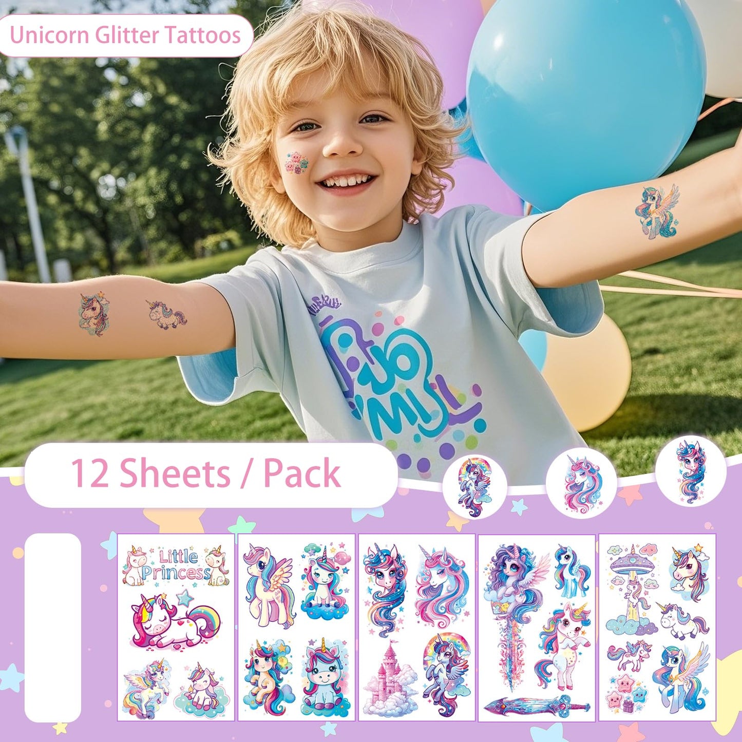 AmiCera Glitter Tattoos for Kids, 12 Sheets Temporary Tattoos for Kids Girls Boys, Fake Tattoo for Unicorn Birthday Party Bag Fillers, Face Body Sticker Party Decor Gifts Supplies, Safe & Long Lasting