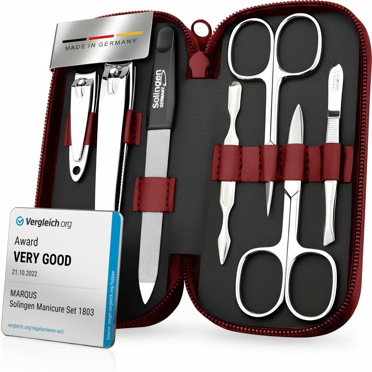 marQus Solingen Manicure Set for Women & Men - Comparison Winner with Top Price/Performance Ratio - Handy and Soft Case - 7-Piece Grooming Kit, Red
