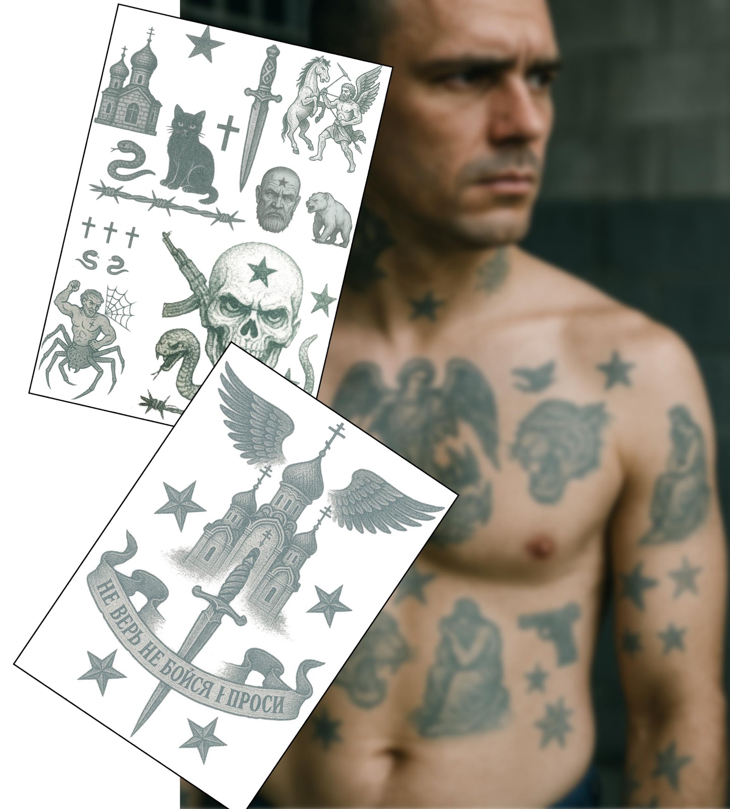 Inkwear Realistic Russian Prison Tattoos – Set 2 – 2 A4 Sheets – Ultra-Real Fake Tattoos for Film, Theatre, Halloween Cosplay – No Shine, Copyright-Free for TV Use