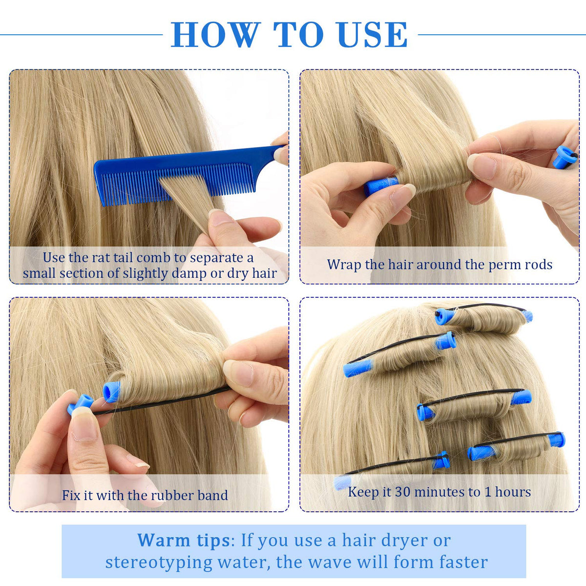 WILLBOND 36 Pieces Cold Wave Rod Hair Perm Rods Hair Rollers Perming Rods Curlers with Steel Rat Tail Comb for Hairdressing Styling (Blue, 0.35 Inch)