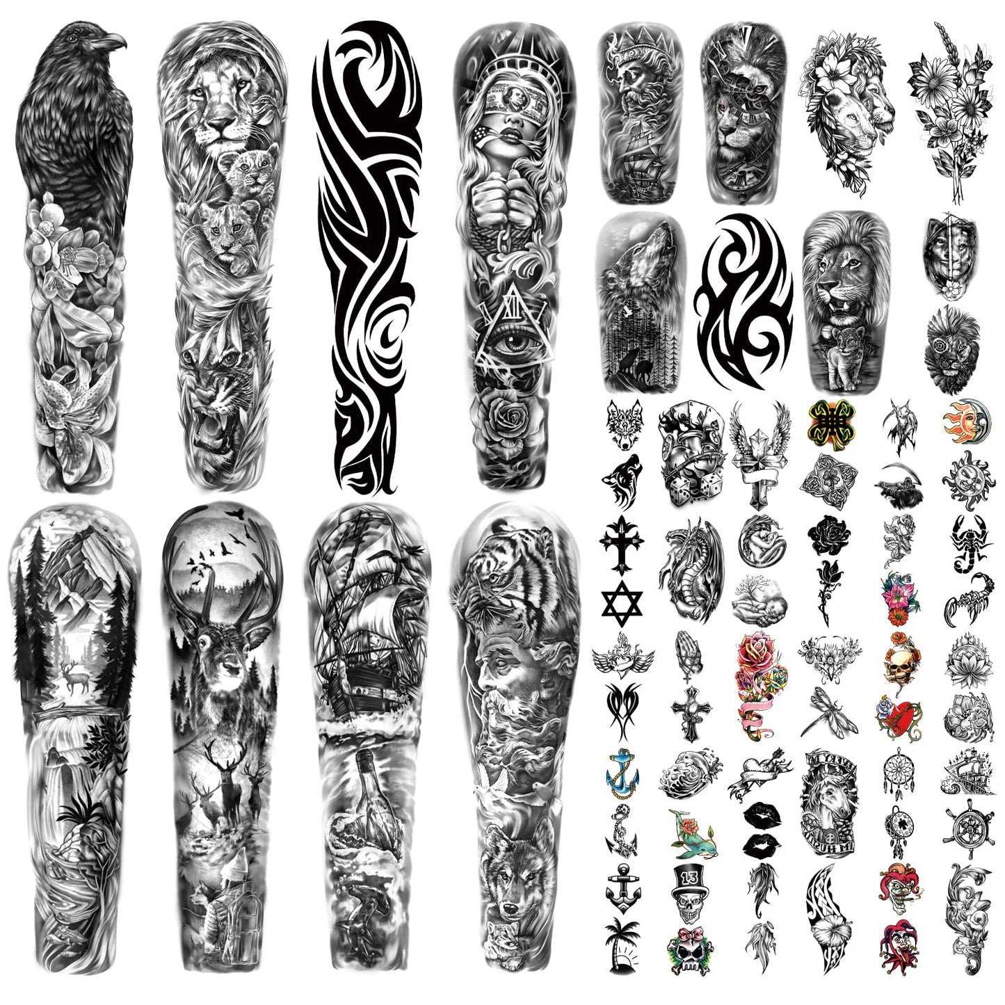 Metuu Full Arm Temporary Tattoo 46 Sheets for Men And Women(L22.8“xW7”), Fake Tattoo Stickers Patterns Deer Eagle Lion Wolf Tiger Totem Realistic Temp Tattoos Suitable For Hand Arm Leg Face