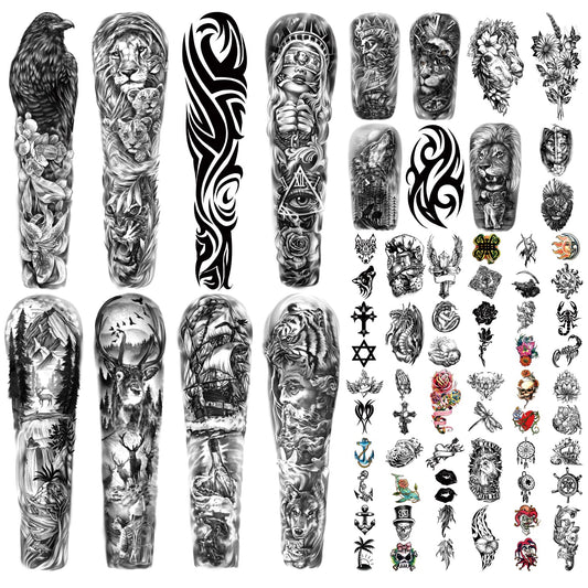 Metuu Full Arm Temporary Tattoo 46 Sheets for Men And Women(L22.8“xW7”), Fake Tattoo Stickers Patterns Deer Eagle Lion Wolf Tiger Totem Realistic Temp Tattoos Suitable For Hand Arm Leg Face