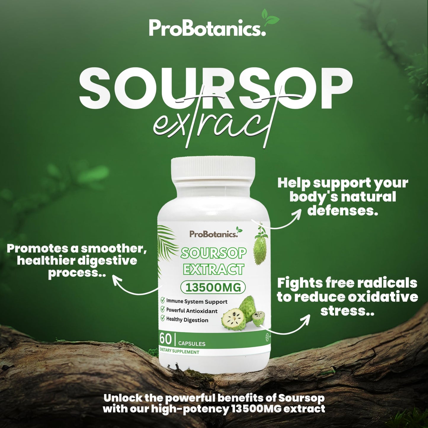 ProBotanics Organic Soursop Capsules | Full Spectrum 13500mg 30:1 Extract Per Serving | Potent Antioxidant & Immune Support - 60 Capsules