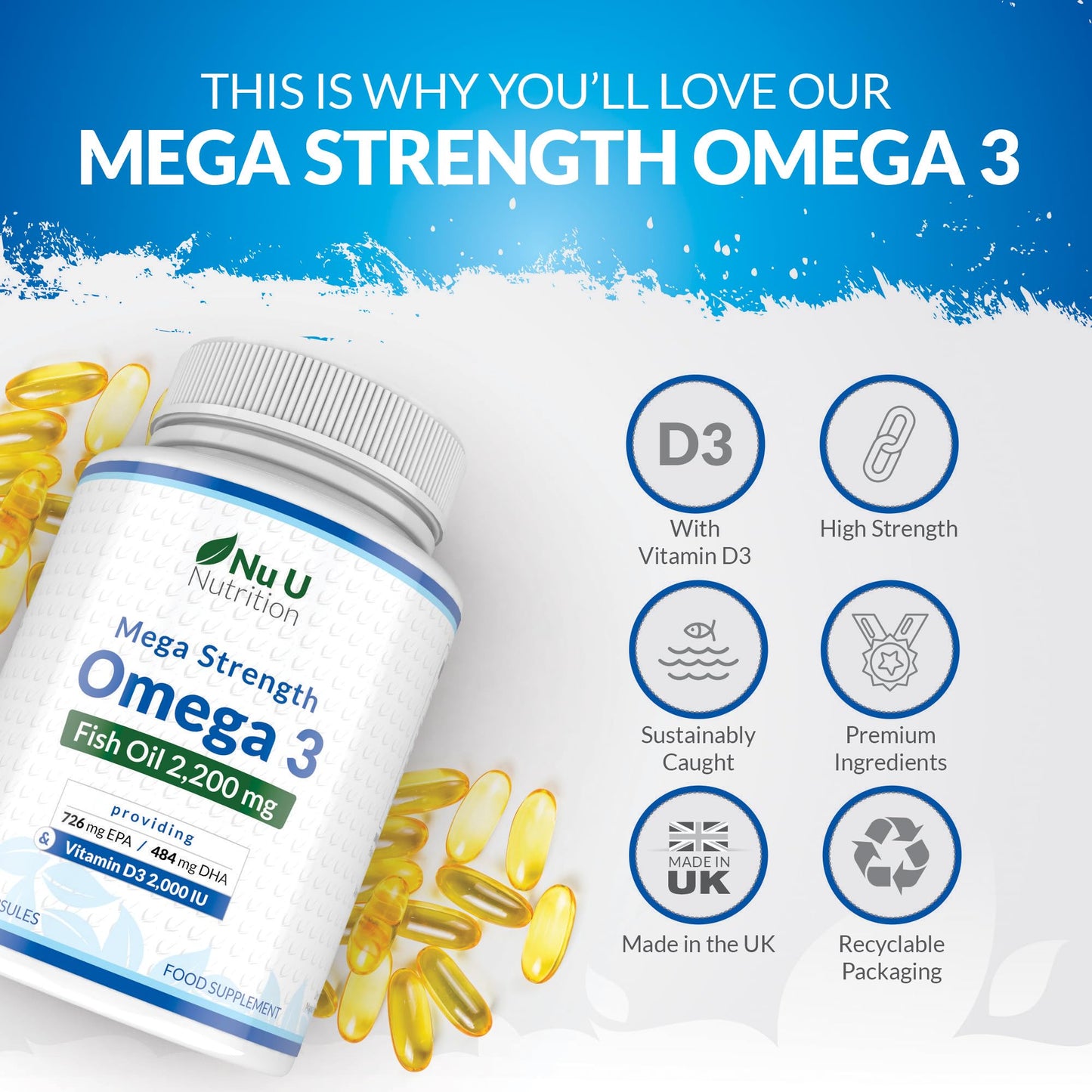 Nu U Nutrition - Omega 3 2200mg & Vitamin D3 2000IU - 250 Softgel Capsules - 726mg EPA & 484mg DHA per Serving - Alternative to Cod Liver Oil Capsules - High Strength, Wild Caught - Made in the UK