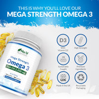 Nu U Nutrition - Omega 3 2200mg & Vitamin D3 2000IU - 250 Softgel Capsules - 726mg EPA & 484mg DHA per Serving - Alternative to Cod Liver Oil Capsules - High Strength, Wild Caught - Made in the UK