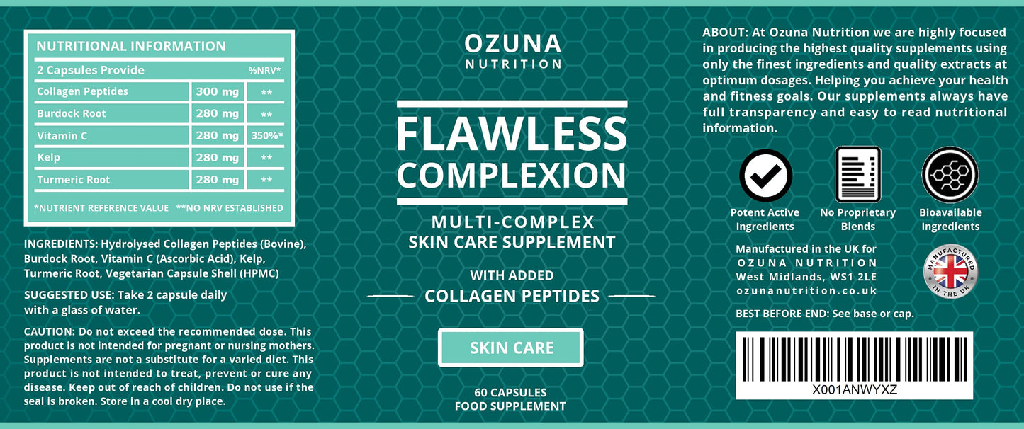 OZUNA NUTRITION Flawless Clear Skin Supplement - Glowing Complexion | Multi-Complex Capsules with Collagen Peptides | for Women & Men | One Month Supply