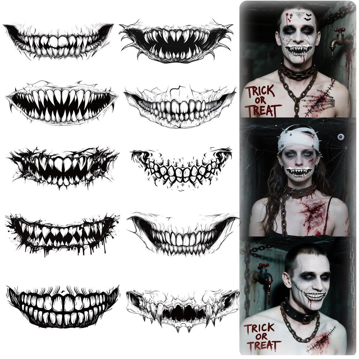 HUSHRICH 10Sheets Halloween Scary Face Temporary Tattoos, Realistic Horror Clown Makeup Face Mouth Fake Tattoos Stickers for Women Men, Clown Prank Mouth Face Tattoo Sticker for Cosplay Costume Party