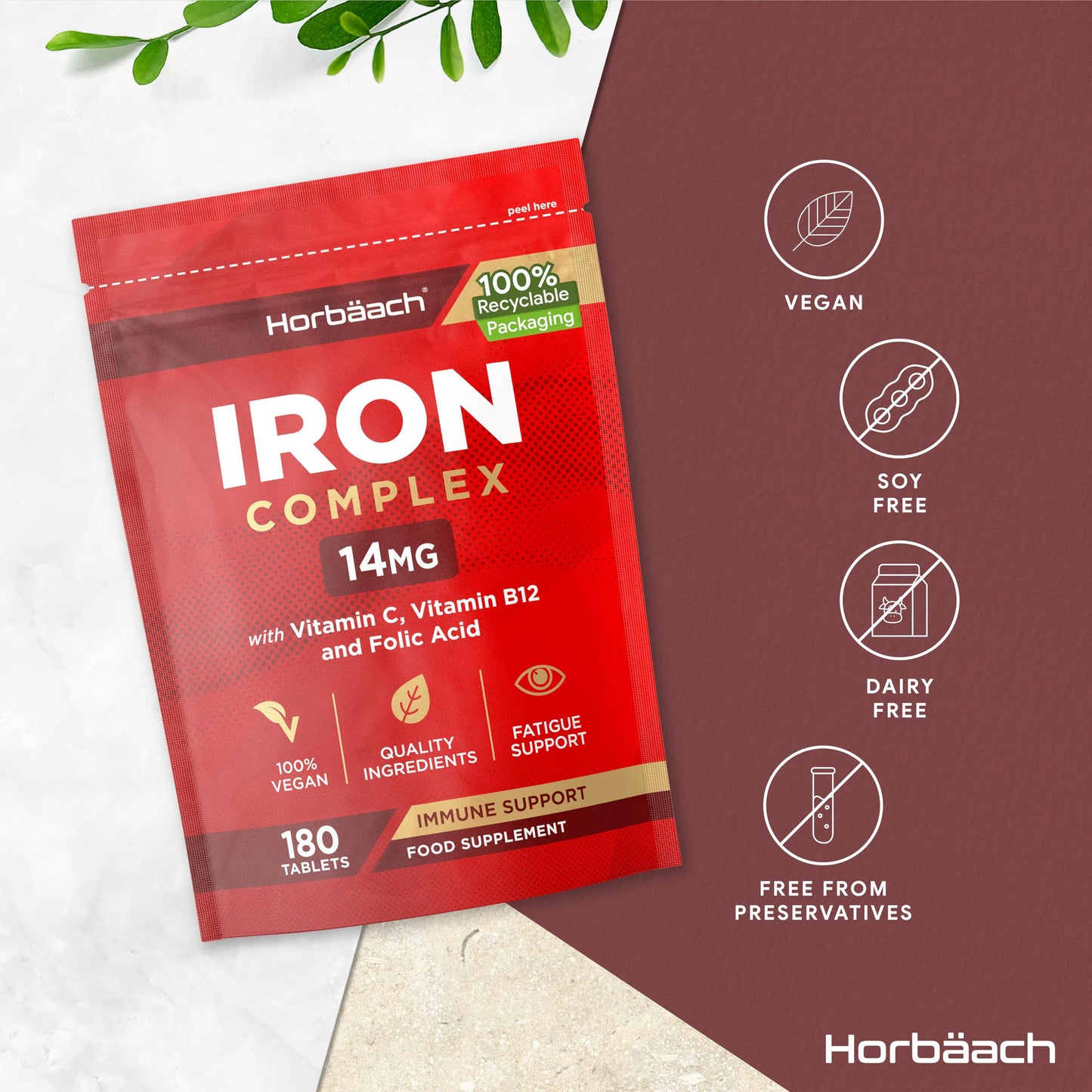 Horbäach Iron Tablets | High Strength Iron with Vitamin C, Folic Acid & Vitamin B12 | Supplement for Men & Women | 180 Vegan Tablets | by Horbaach