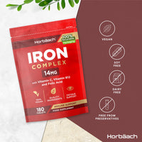Horbäach Iron Tablets | High Strength Iron with Vitamin C, Folic Acid & Vitamin B12 | Supplement for Men & Women | 180 Vegan Tablets | by Horbaach