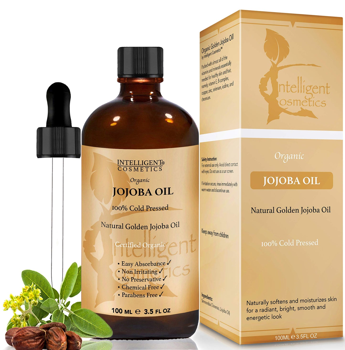 intelligent cosmetics Rosehip Oil & Jojoba Oil 100% Cold Pressed Pure Certified Organic Oil 100ml in Each Bottle, Natural Vitamin E, Vitamin C, for Face, Hair, Nails, Body