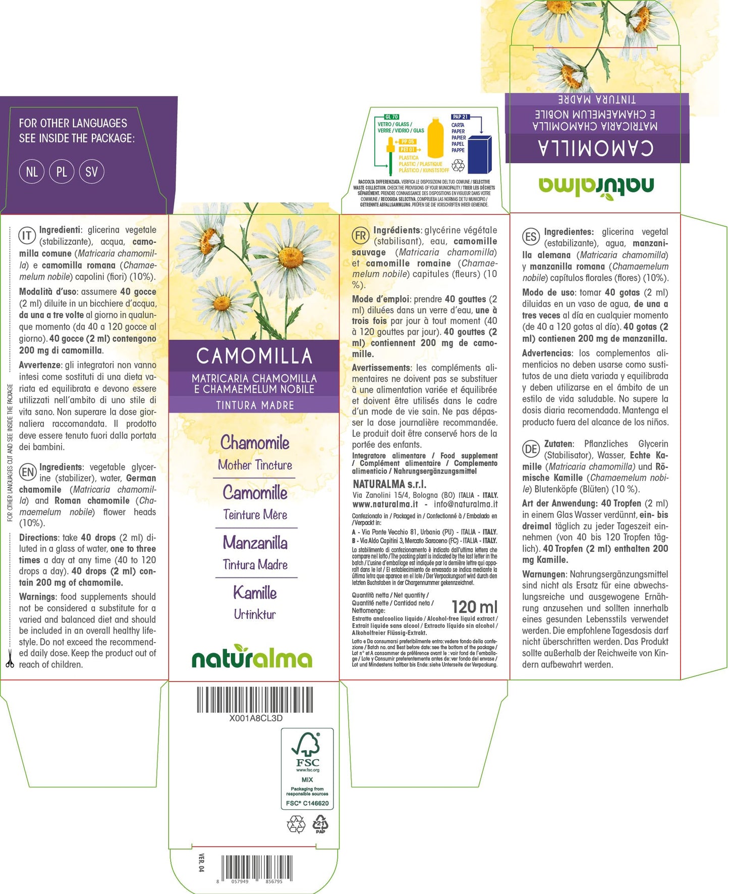 German and Roman Chamomile (Matricaria chamomilla and Chamaemelum nobile) Flower Heads Alcohol-Free Mother Tincture Naturalma | Liquid Extract Drops 120 ml | Food Supplement | Vegan