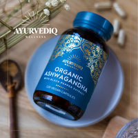 AYURVEDIQ WELLNESS Ayurvediq Wellness, 120 caps Ashwagandha Organic Capsules with Black Pepper Extract, Ayurveda Products, Herbal Supplements, Vitamins, Iron & Protein, Gluten Free, Dairy Free, Vegan