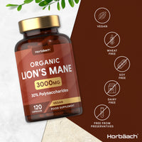 Organic Lions Mane Supplement 3000mg | High Strength Mushroom Extract | 120 Vegan Capsules | by Horbaach