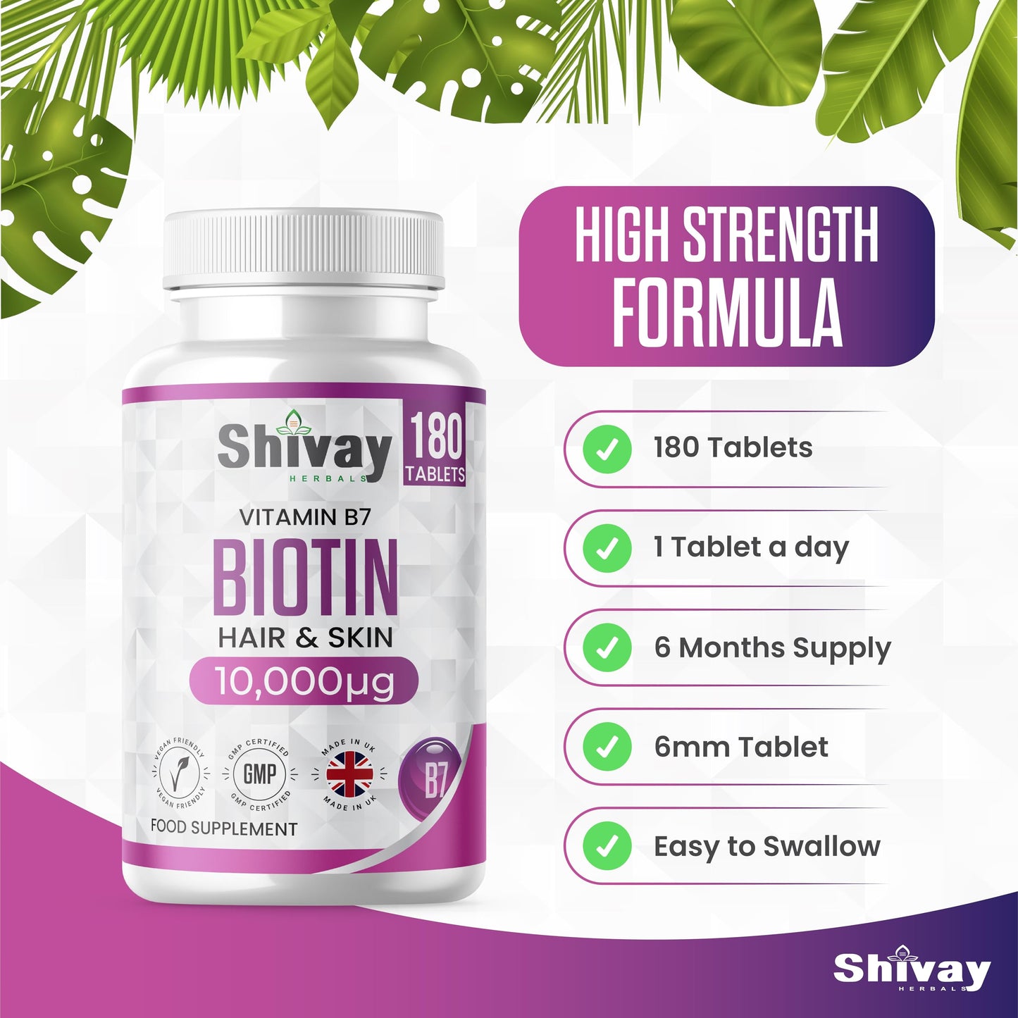 Biotin 10,000mcg Supplement | 180 Tablets - 6 Month Supply | High Strength Hair, Skin & Nail Support | Vegan & Made in The UK by Shivay Herbals