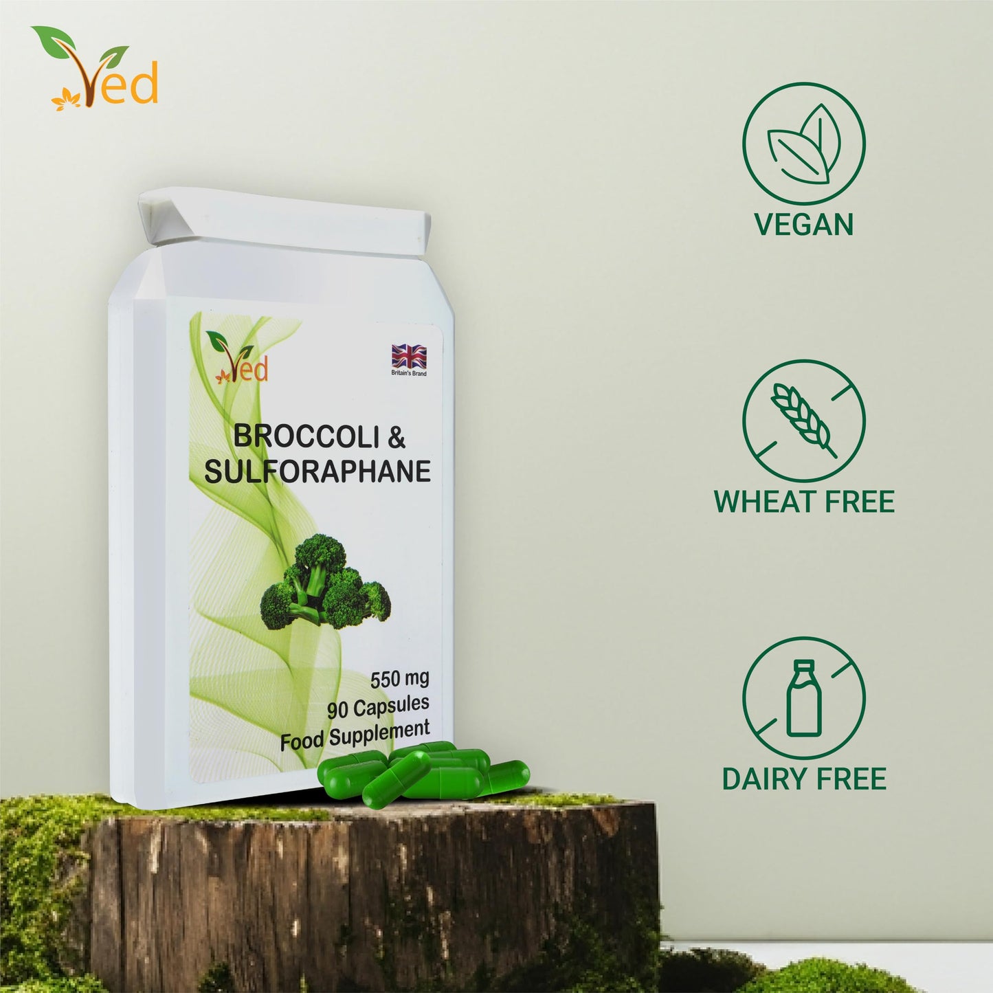 VED Ved Broccoli Sulforaphane, Broccoli Powder Rich in Vitamins and Minerals, 550 mg 90 Capsules (45 Days supplys)