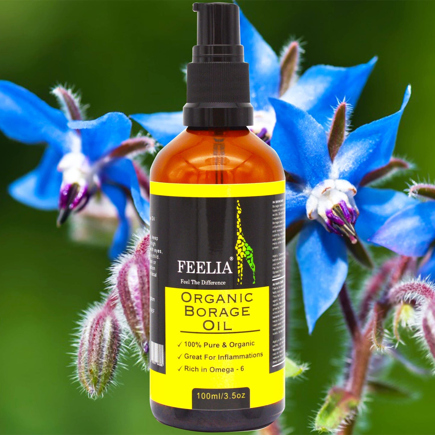 Feelia - Organic Borage Oil - Cold Pressed, Rich in Omega 6, Great for Inflammations, 100% Pure & Organic - 100ml