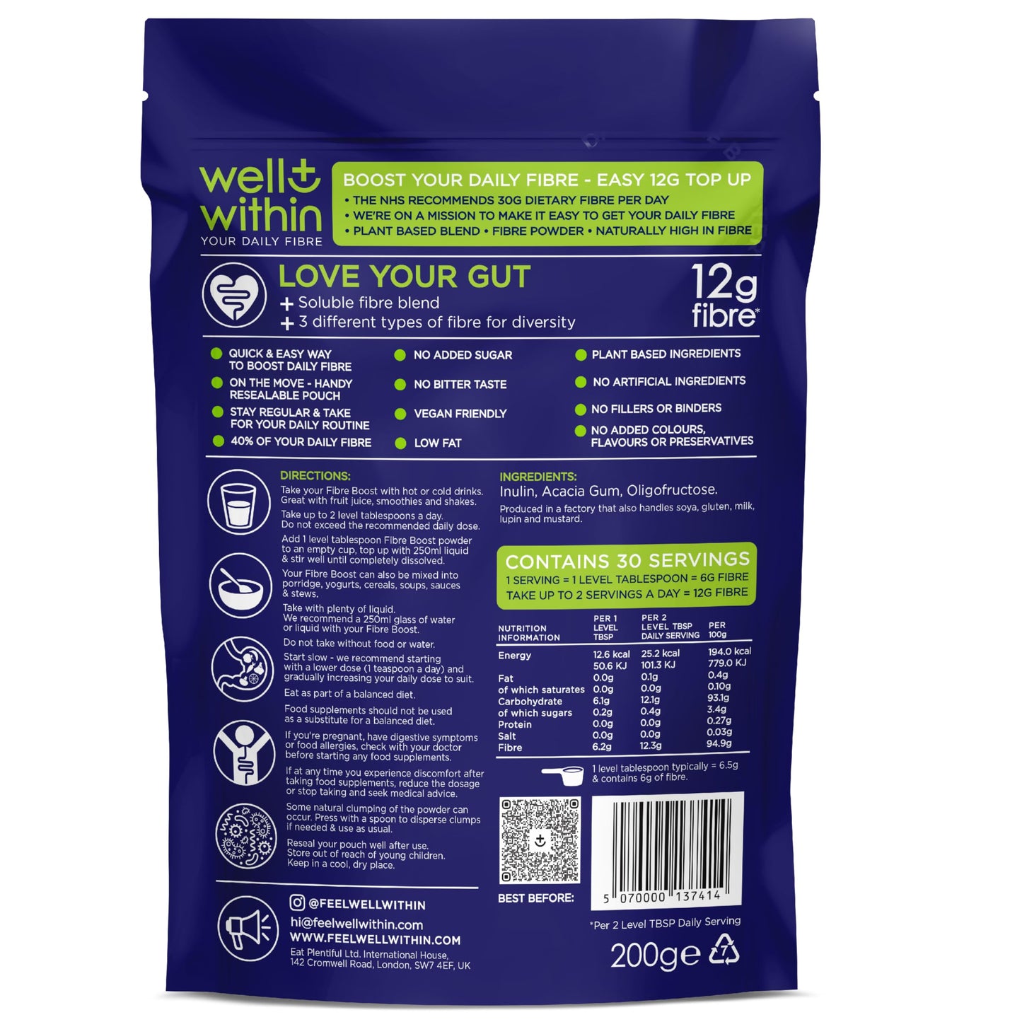 12g Soluble Fibre Supplement, 3in1 Fibre Powder, Well Within
