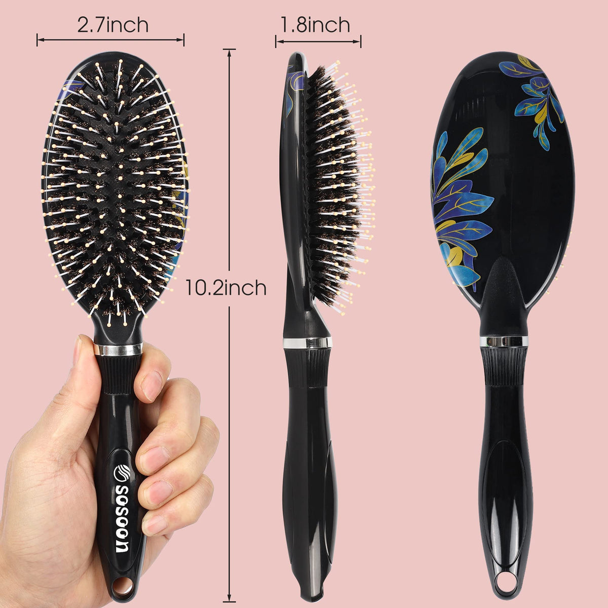 Hair Brush, Sosoon Boar Bristle Hair Brushes for Women Men Kids Thick Curly Dry Wet Hair, Smoothing Detangling Hairbrush Adds Shine and Improves Hair Texture with Hair Comb (Black)