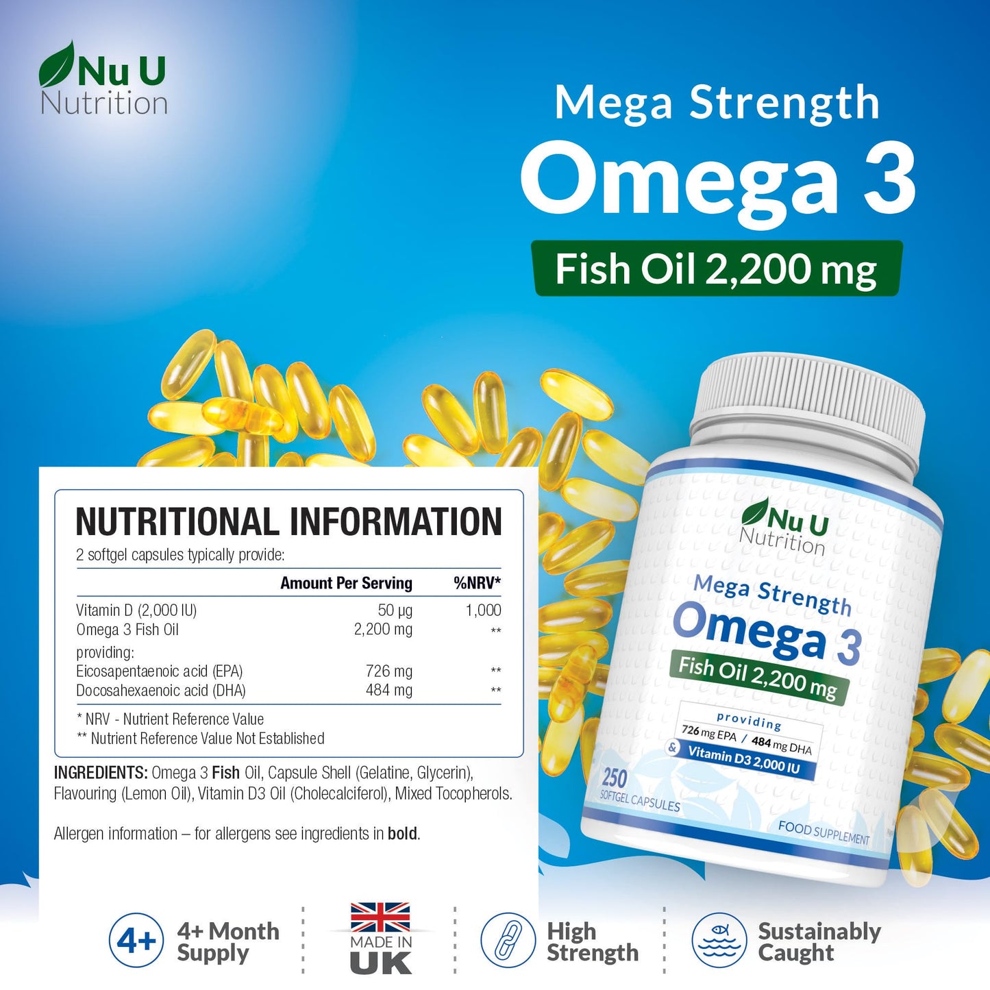 Nu U Nutrition - Omega 3 2200mg & Vitamin D3 2000IU - 250 Softgel Capsules - 726mg EPA & 484mg DHA per Serving - Alternative to Cod Liver Oil Capsules - High Strength, Wild Caught - Made in the UK