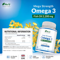 Nu U Nutrition - Omega 3 2200mg & Vitamin D3 2000IU - 250 Softgel Capsules - 726mg EPA & 484mg DHA per Serving - Alternative to Cod Liver Oil Capsules - High Strength, Wild Caught - Made in the UK