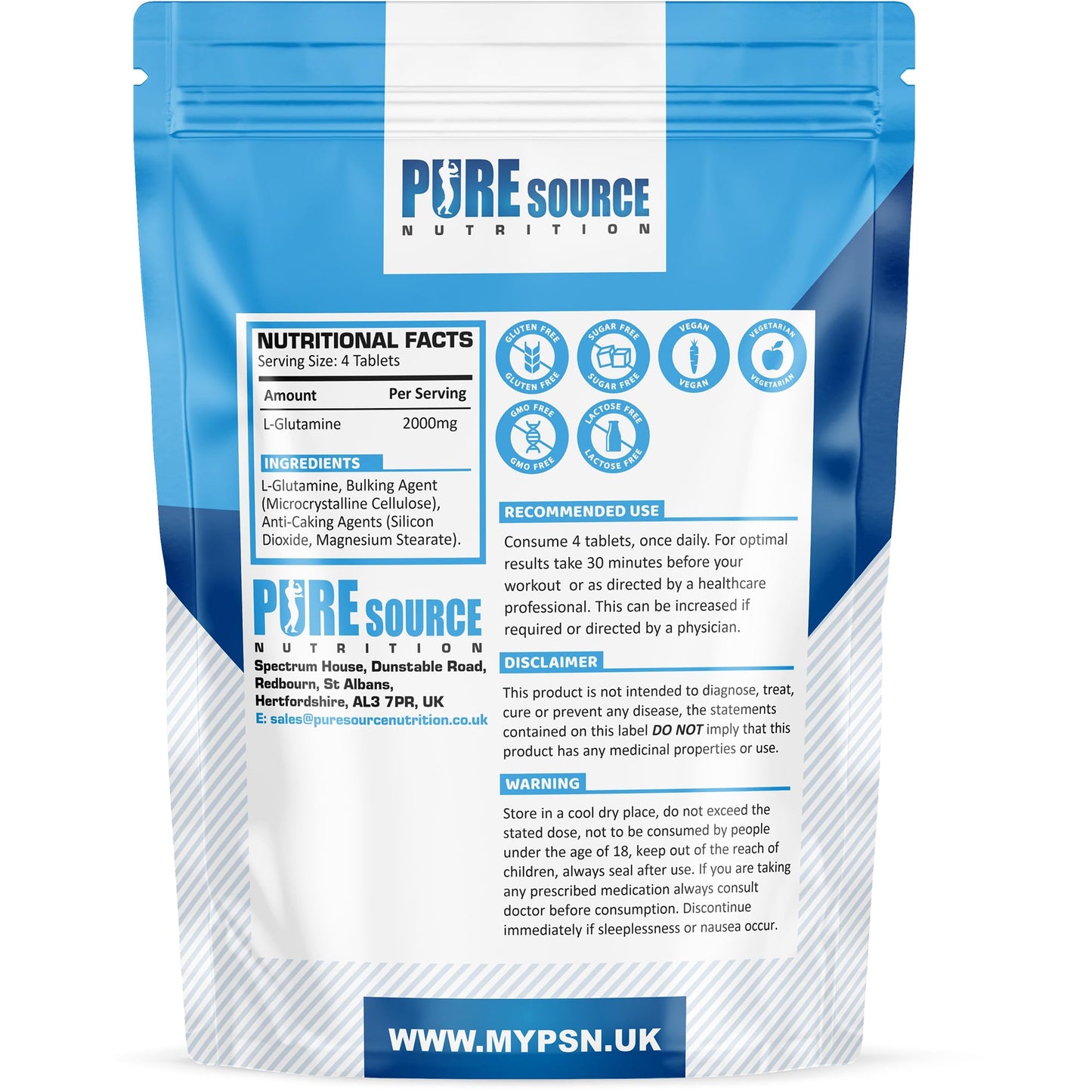 L-Glutamine 360 Vegan Tablets 2000mg | High Strength Amino Acid | Suitable for Vegans and Vegetarians | No Artificial Preservatives | by Pure Source Nutrition (360 Tablets)