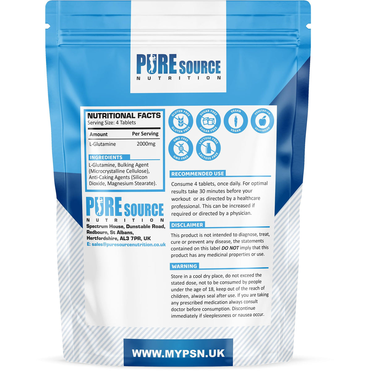 L-Glutamine 240 Vegan Tablets 2000mg | High Strength Amino Acid | Suitable for Vegans and Vegetarians | No Artificial Preservatives | by Pure Source Nutrition (240 Tablets)