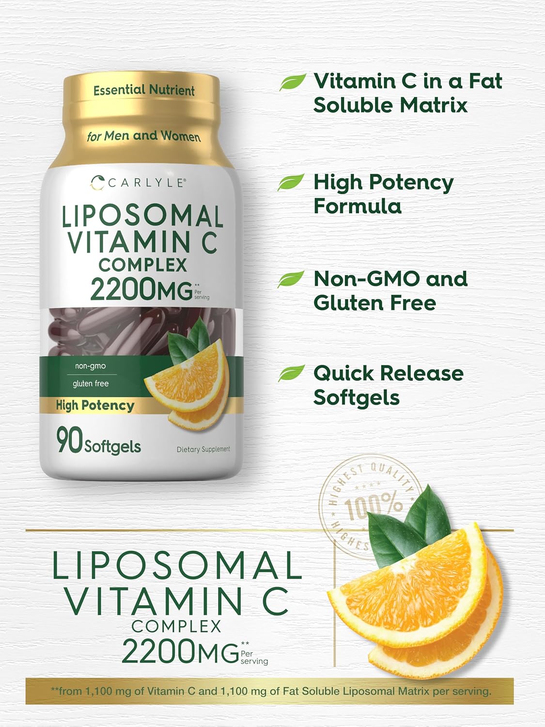 Carlyle Liposomal Vitamin C | 2200mg | 90 Softgels | High Potency Complex Supplement | Non-GMO, Gluten Free Supplement Packaging May Vary