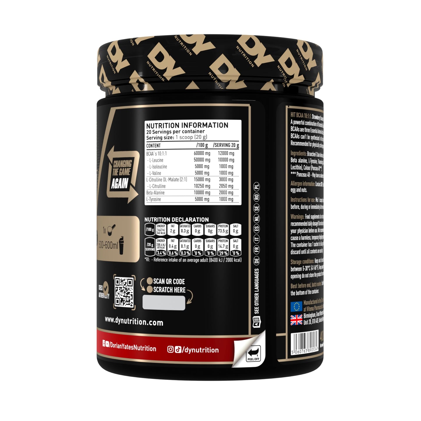 DY Nutrition HIT BCAA 10:1:1 400g, 20 Servings (Strawberry)