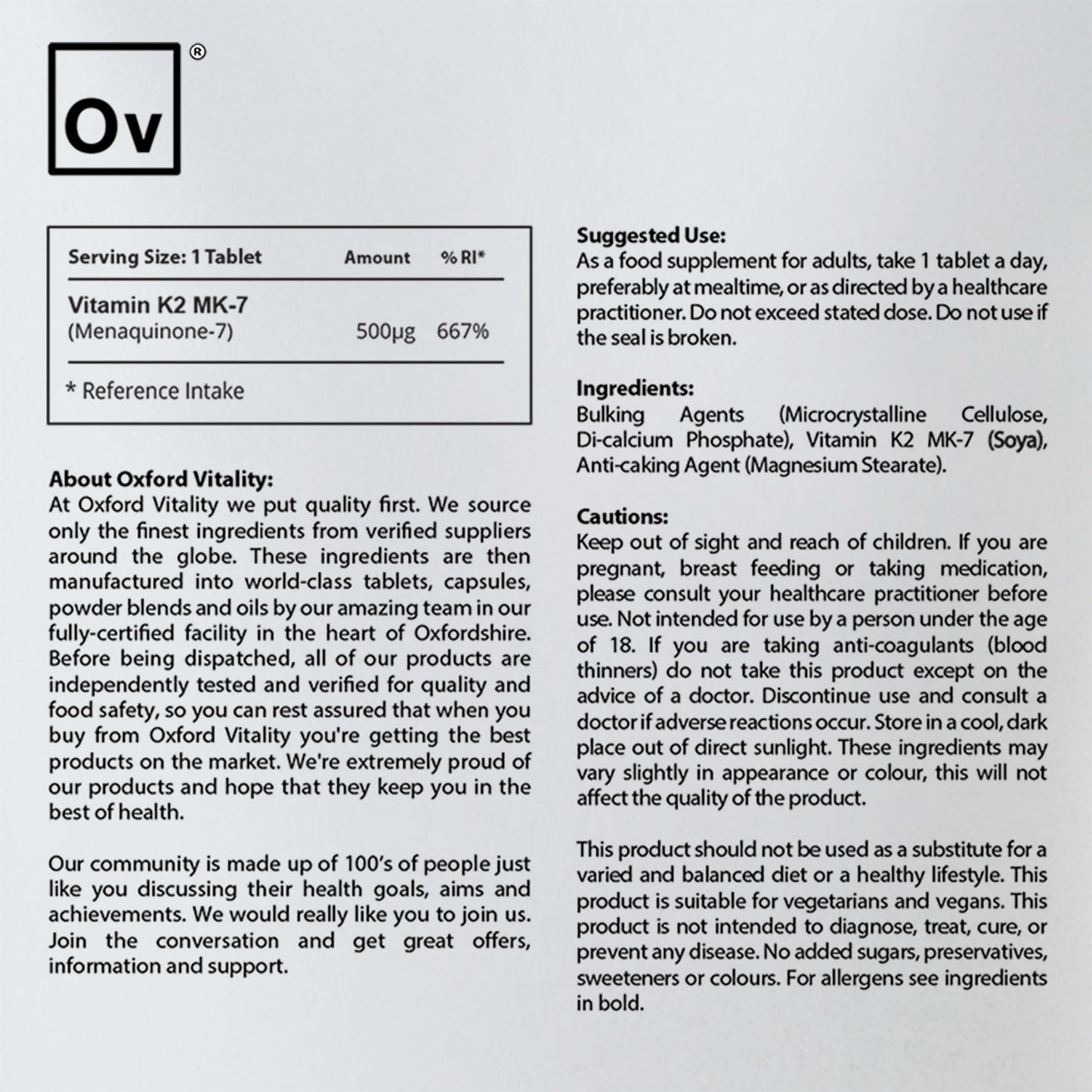 Ov OXFORD VITALITY Vitamin K2 MK-7 | High Strength 500µg Tablets for Blood and Bone Health | Oxford Vitality