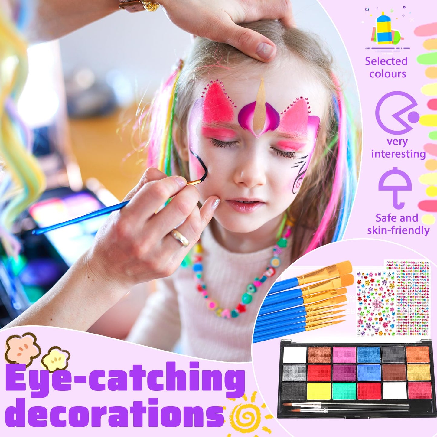 Zefphxs Face Painting Kit, 18 Colors Face Body Paint with 12 Pcs Paint Brushes 30 Stencils and 2 Gem Stickers, Safe & Non-Toxic Washable Face Paints for Children Adults Halloween Christmas Party