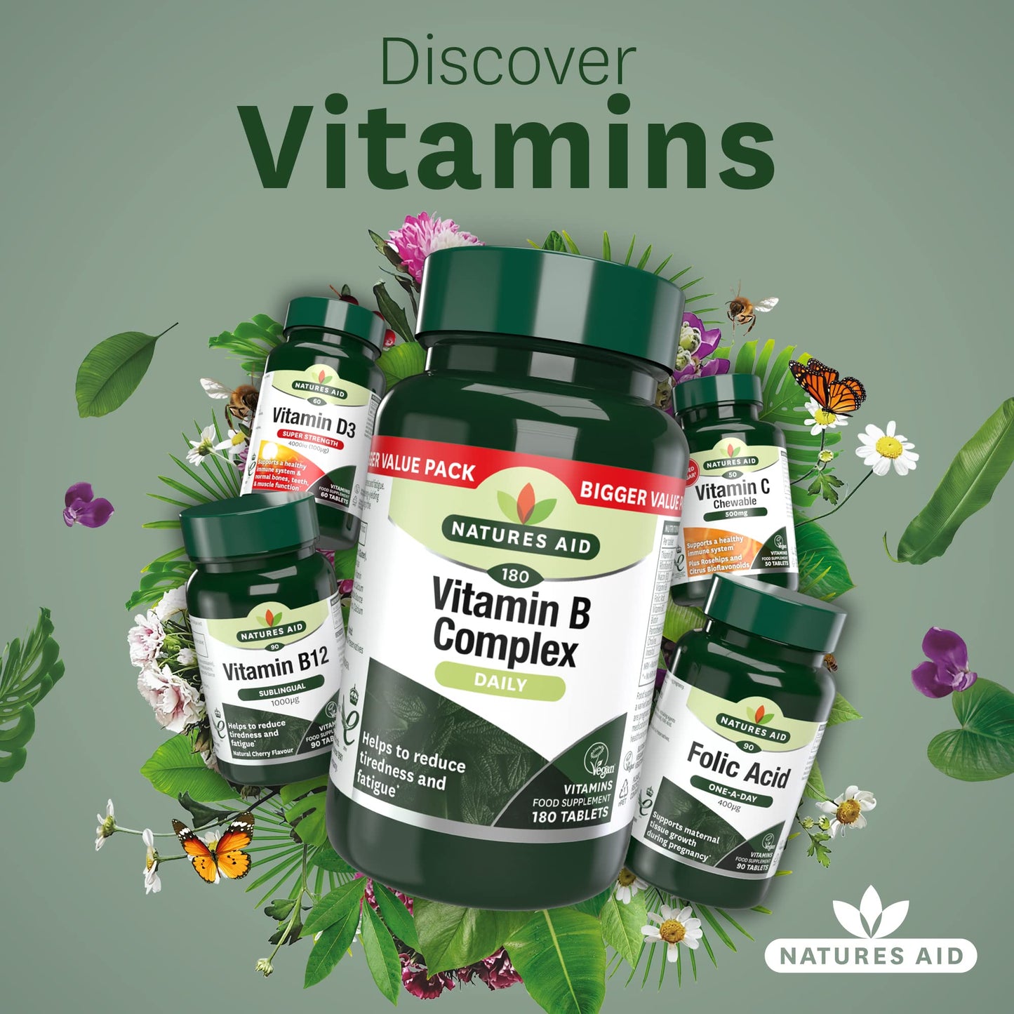 Natures Aid Vitamin B Complex - 180 Tablets - Complete B1 B2 B3 B5 B6 & Vitamin B12 Supplement Support for Energy Tiredness Fatigue Metabolism Function - Vegan Not Gummies or Capsules 6 Months Supply