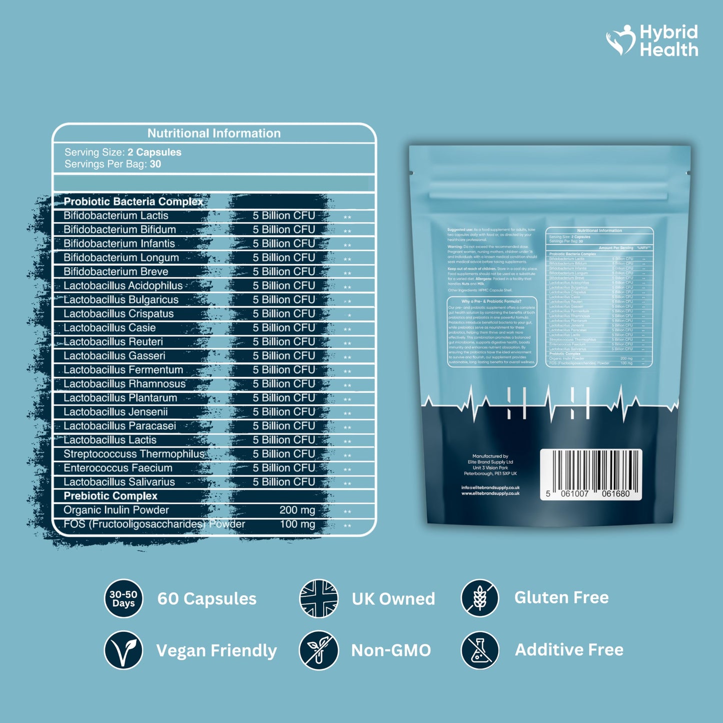 Hybrid Health Probiotics & Prebiotics Complex | 60 Vegan Capsules | 100 Billion CFU | Advanced Strength Probiotics with 20 Diverse Strains | Pre & Probiotics for Women and Men