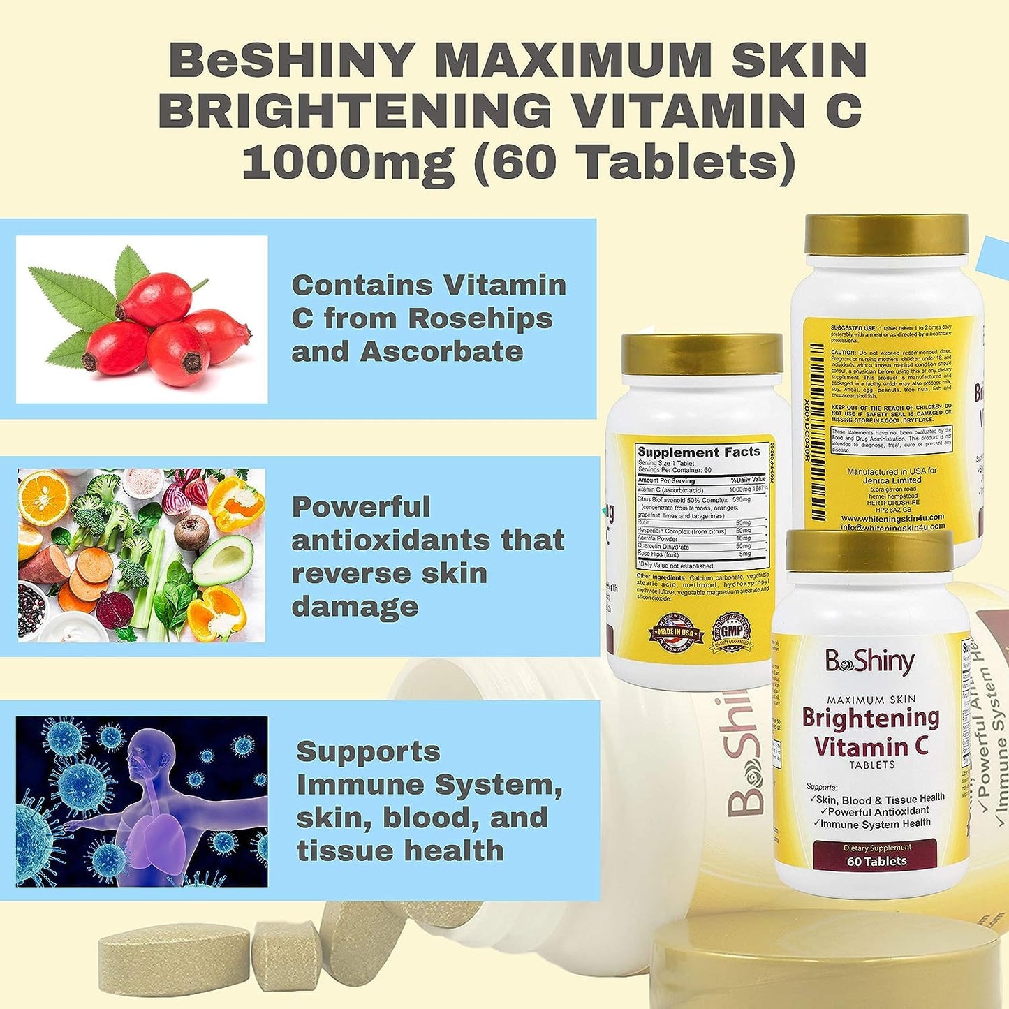 Vitamin C 1000mg Maximum Skin Brightening with Rose HIPS and Bioflavonoids Immune Support Supplement, Antioxidant Tablets Healthy Aging, Builds Energy and Overall Well-Being