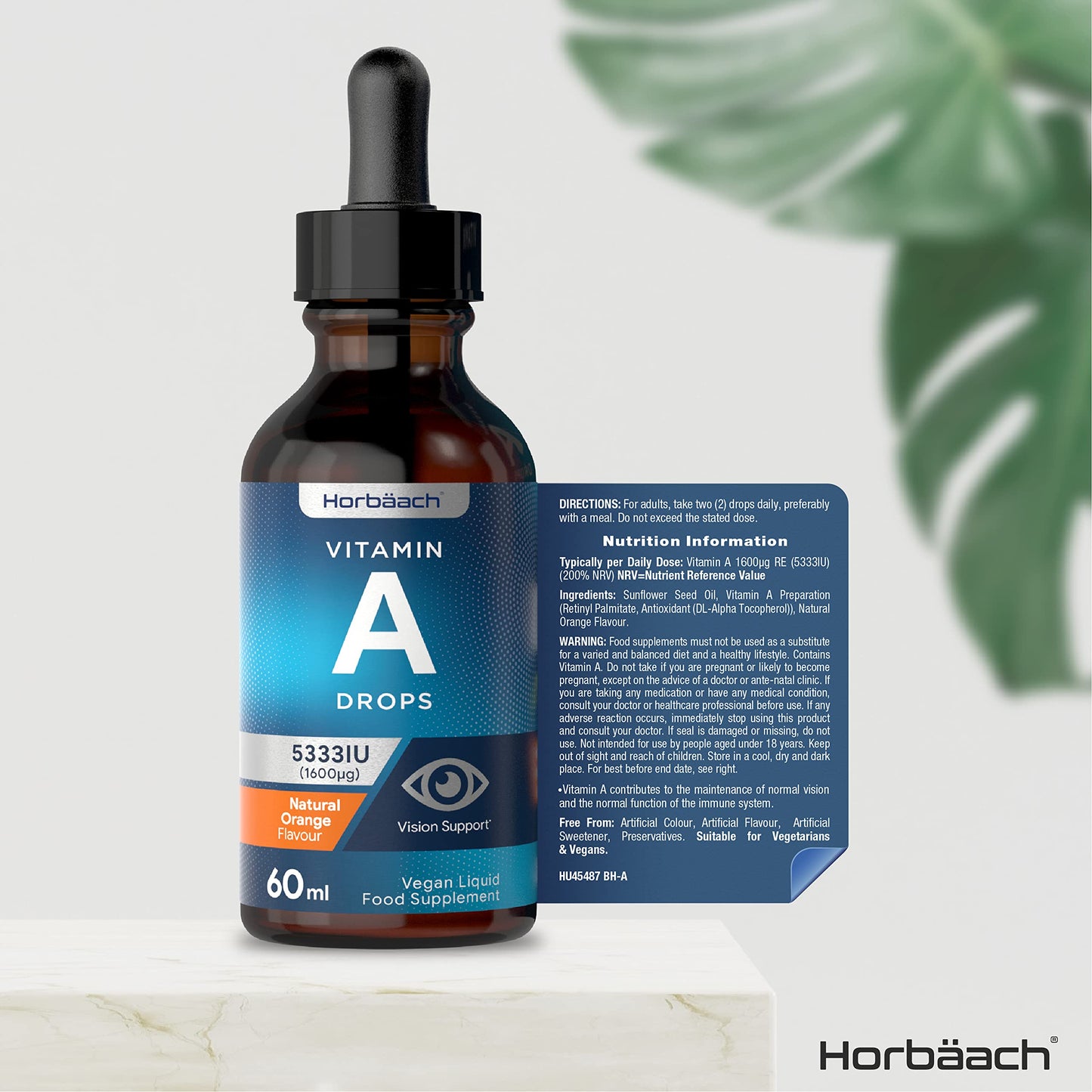 Vitamin A Drops 5333 IU | 60ml Vegan Liquid | High Strength Retinol Supplement | by Horbaach
