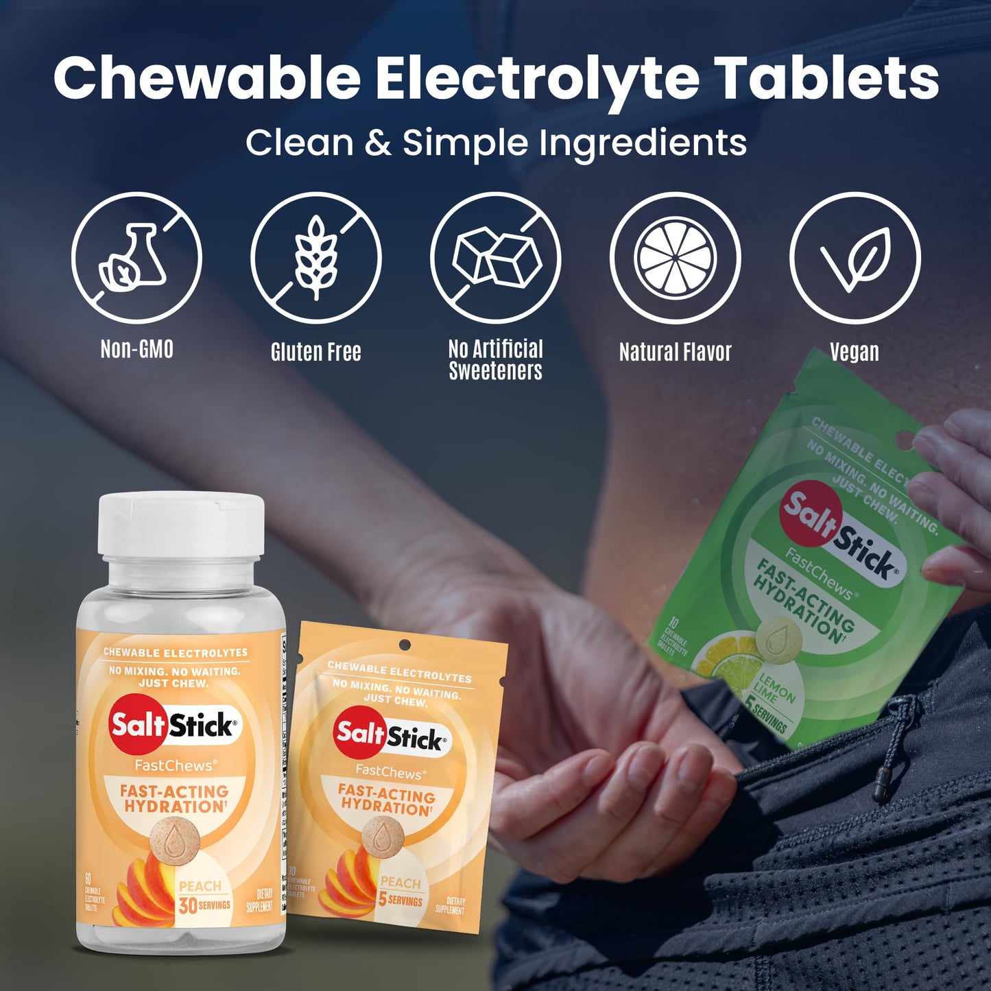SaltStick Fastchews, Electrolyte Replacement Tablets for Rehydration, Exercise Recovery, Youth & Adult Athletes, Hiking & Sports Recovery, 2 x Packets of 10 Tablets (Peach)