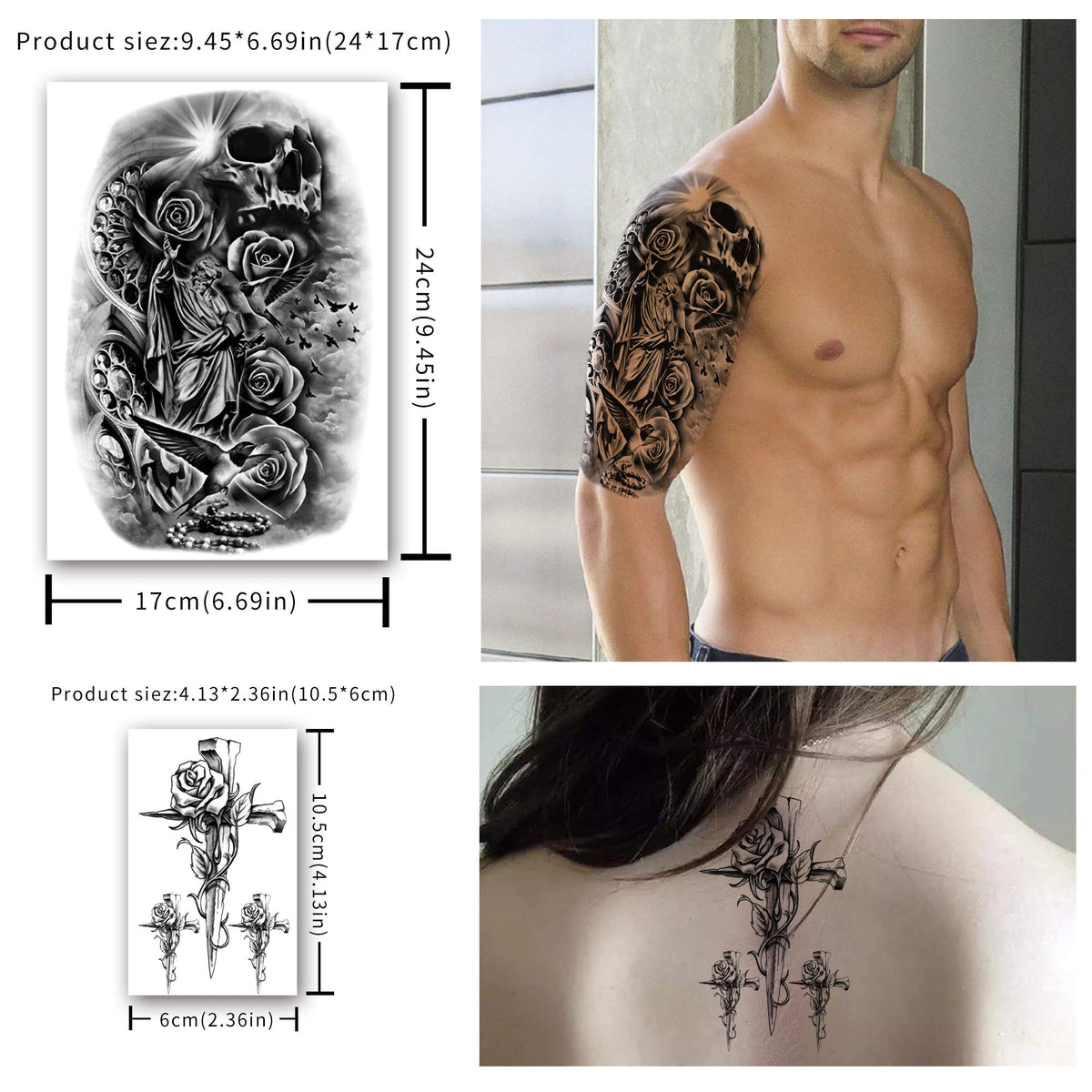 Yazhiji 36 Sheets Temporary Tattoos Stickers, 12 Sheets Fake Body Arm Chest Shoulder Tattoos for Men or Women with 24 Sheets Tiny Black Temporary Tattoos.