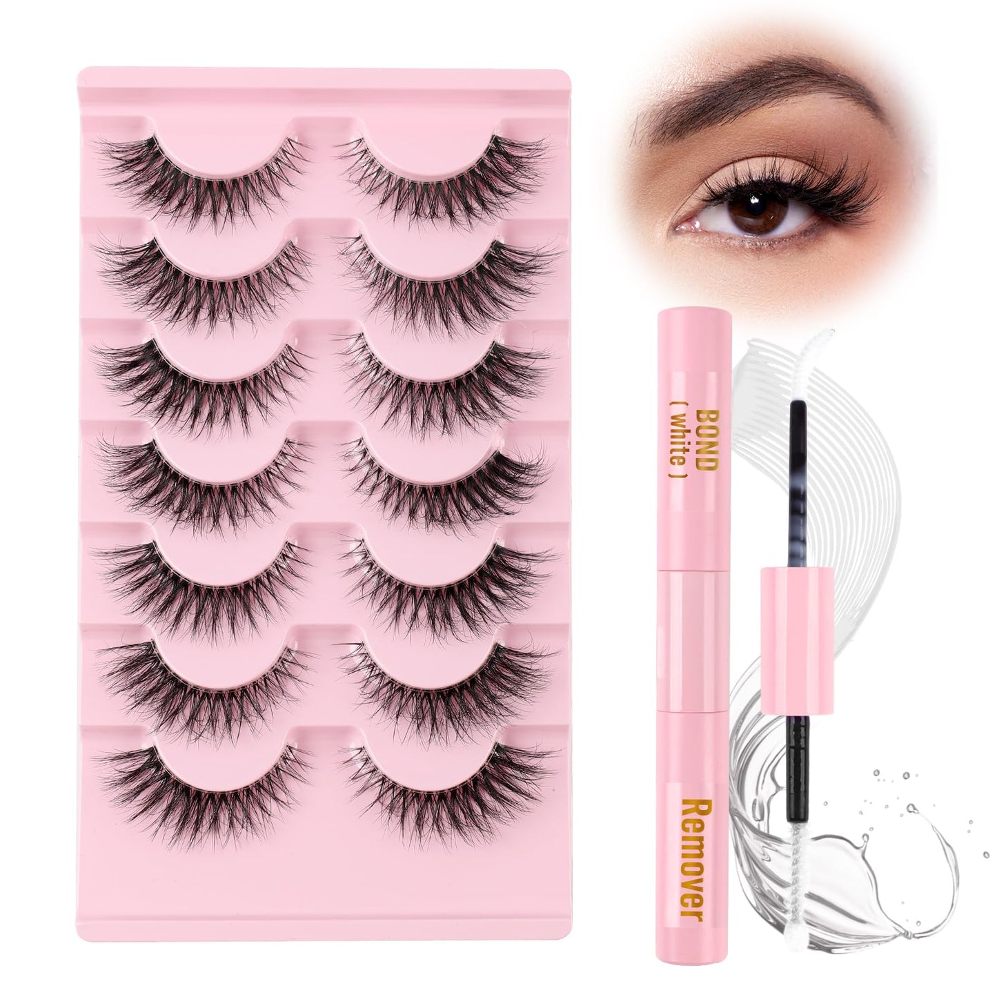 Glowing Win False Eyelashes with Glue 7 Pairs Lashes Fluffy Natural Cat Eye