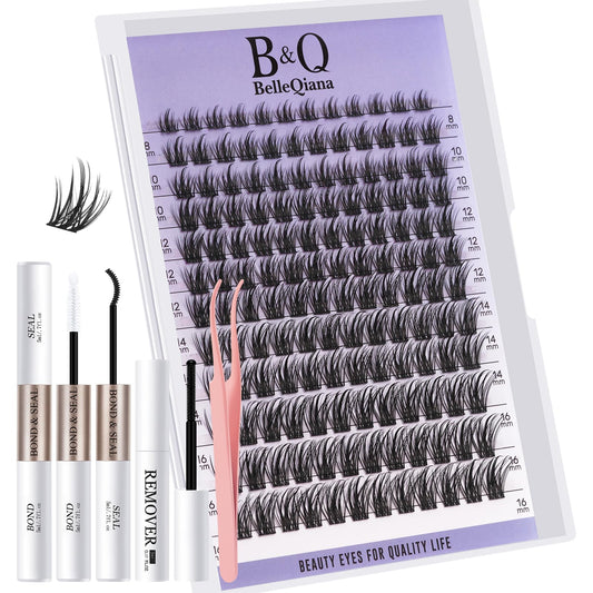 BelleQiana B&Q EcoWisp Cluster Lashes Kit with Bond and Seal Lash Glue, Lash Remover & Tweezers – 144 Individual Eyelashes, 8-16mm Mixed Length, Natural Look DIY Eyelash Kit for Home Use(EcoWisp Kit 03）